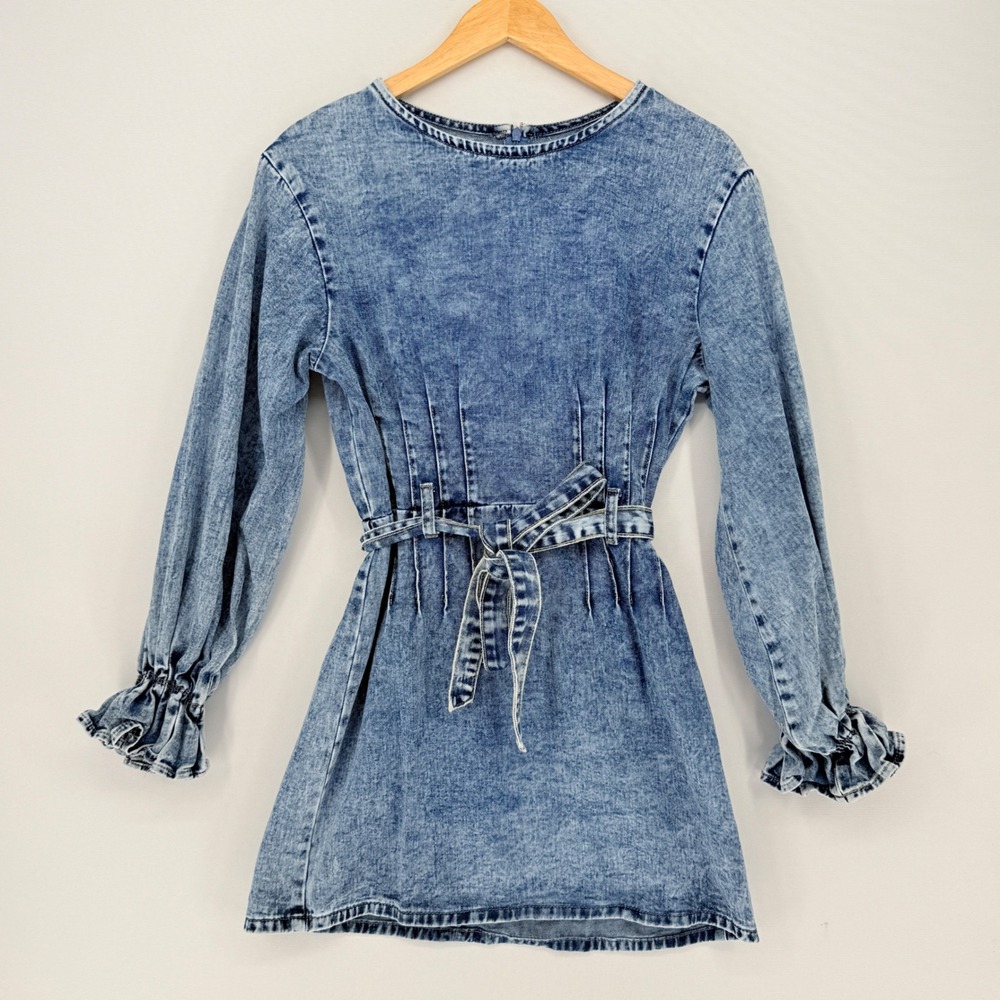 Redial Denim Mini Dress Womens Medium 38 Blue Acid Wash Ruffle Boho Western
